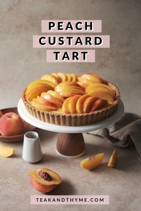 This peach custard tart has a spiced shortcrust shell filled with creamy custard and topped with fresh peach slices #peachtart #peaches | teakandthyme.com Custard Pastry, Peach Custard, Pastry Cream Filling, Peach Tart, Custard Tart, Custard Recipes, Tart Shells, Custard Filling, Cream Filling