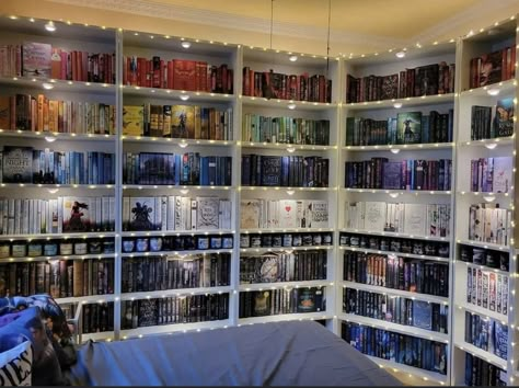 Fairy Lights Library, Lights On Top Of Bookshelves, Led Light Bookshelf, Led Lights Bookshelves, Bookcase With Fairy Lights, Light Up Bookshelf, Book Shelf With Lights, Bookshelf Led Lighting, Led Bookshelf Lighting