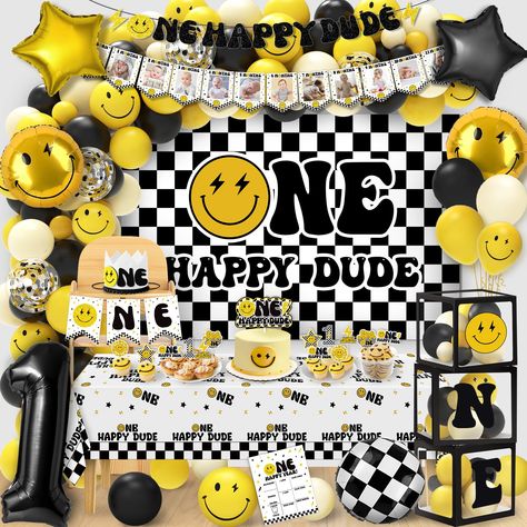 PRICES MAY VARY. 【ALL IN ONE】1pcs One Happy Dude Banner, 1pcs Monthly Banner, 1pcs hightchair banner, 1pcs cake topper, 12pc cupcake toppers,1pc hat, 1pc milestone poster, 1pc background, 1pc table cloth, 3pc 'ONE' box, 7Pcs Aluminum Foil Balloons, 60pc balloons Arch Kit。 【NO DIY REQUIRED】The letters are movable. you can hung ONE HAPPY DUDE banner on your car, dessert table, window, tree, buffet table, room, wall, fireplace mantel. 【Perfect One Happy Dude Birthday Decoration】 - This happy Face o Balloon Arch 1st Birthday, Car Dessert Table, One Happy Dude First Birthday, 1st Birthday Decorations Boy, First Birthday Backdrop, One Happy Dude Birthday, Backdrop Balloons, One Happy Dude, Birthday Party Idea