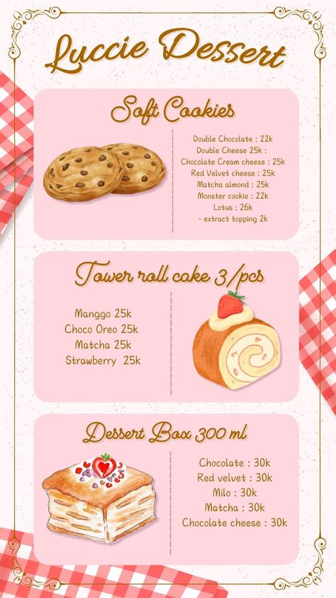 Cafe Dessert Menu Ideas, Cookie Menu Ideas, Dessert Banner Design, Desserts Menu Design, Menu Dessert Design, Cookies Menu Design Ideas, Design Menu Makanan, Bakery Poster Design, Cake Ingredients List