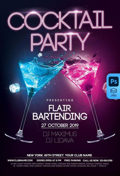 PSD Flyer. Available to Download. All elements are Editable. Cocktail Menu Party Flyer Cocktail Flyer, Psd Flyer, Photoshop Tutorial Design, Cocktail Menu, Graphic Design Tutorials, Party Drinks, Party Flyer, Photoshop Tutorial, Design Tutorials