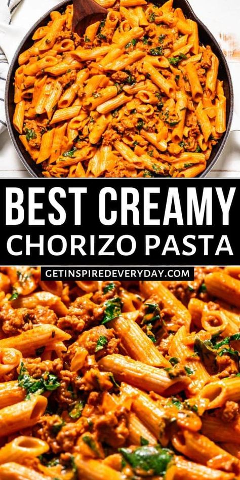 A creamy tomato sauce scented with thyme, this Chorizo Pasta is packed with flavor, protein, and veggies too. It's easy to make gluten-free and there are 2 dairy-free options listed in the recipe as well. This pasta is a quick dinner everyone can love. Chorizo Recipes Dinner, Chorizo Pasta Recipes, Simple Healthy Dinner Recipes, Chorizo Pasta, Recipes Crockpot Healthy, Chorizo Recipes, Tomato Cream Sauce, Recipes Easy Quick, Crockpot Healthy