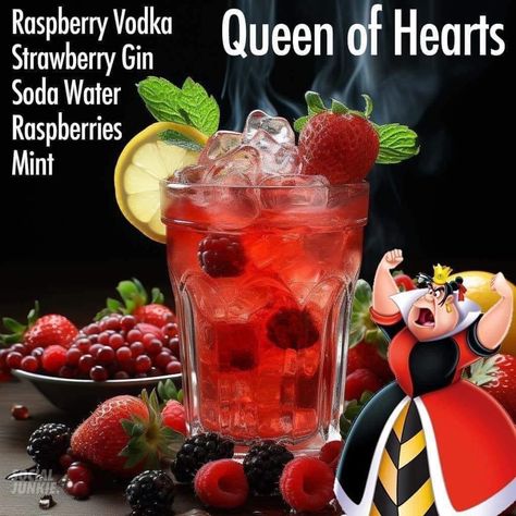 Disney Mixed Drinks, Disney Alcoholic Drinks, Fun Halloween Drinks, Disney Cocktails, Bartender Drinks Recipes, Queen Of Hearts Alice, Spicy Drinks, Disney Drinks, Fun Drinks Alcohol