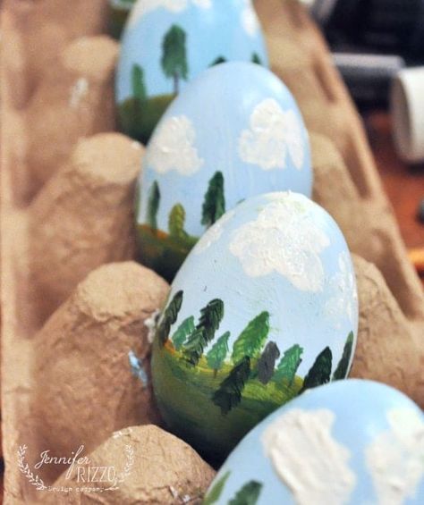 Painted Easter Egg Idea: Painting Landscapes - Jennifer Rizzo Harry Potter Easter Eggs, Diy Embroidery Shirt, Paper Mache Eggs, Travel Inspired Decor, Grass Painting, Painting Landscapes, Dark Tree, Plastic Easter Eggs, Egg Easter