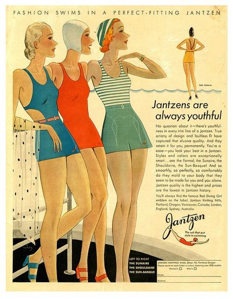 1930s Fashion: Fashion swims in a perfect fitting ~ 1930's Jantzen vintage swimwear / bathing suit ad / advert. #vintageswimwear  #1930s #1930sfashion #Fashionillustration #fashiondesgn #vintagead #summer 30s Women, 1930s Makeup, Jantzen Swimwear, Vintage Beachwear, Madeleine Vionnet, Madame Gres, Retro Swimwear, Vintage Bathing Suits, Vintage Swim