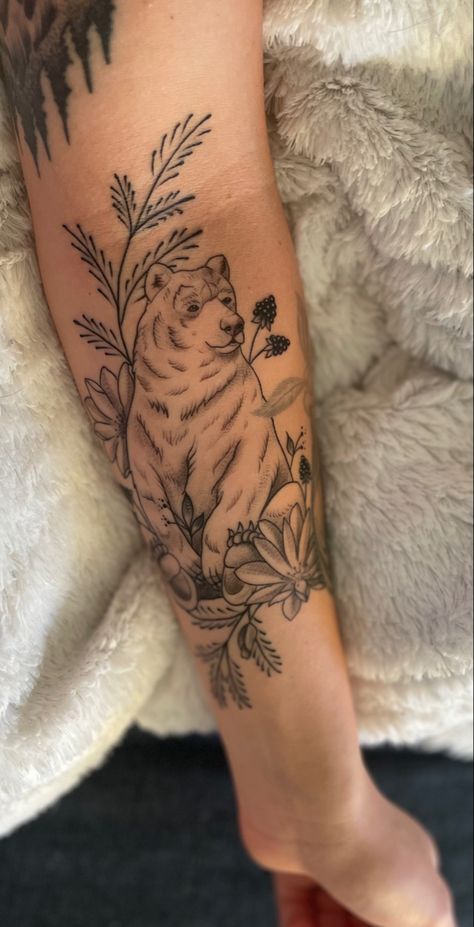 Bear Grass Tattoo, Hip And Waist Tattoo, Bear And Flowers Tattoo, Bear With Flowers Tattoo, Animal And Flower Tattoo, Herb Tattoo, Bear Tattoos, Bear Tattoo, Leg Sleeve Tattoo