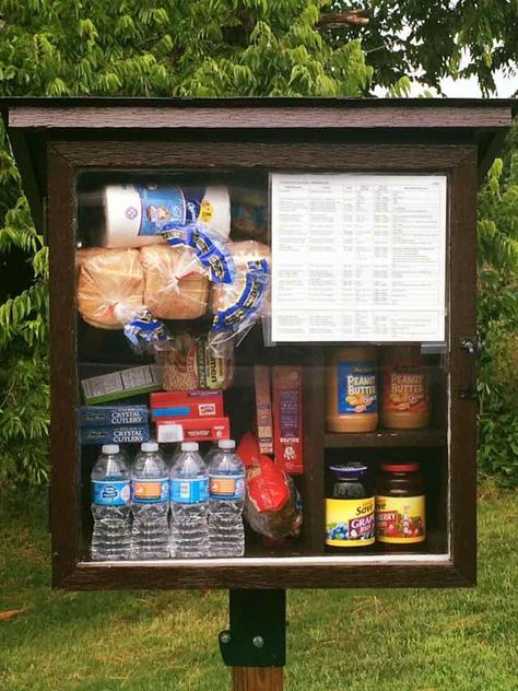 Little Free Pantries Spread Goodies From Sidewalks, Let Neighbors Pay it Forward Little Free Library Plans, Homeless Care Package, Little Free Pantry, Free Pantry, Church Outreach, Kindness Projects, Blessing Bags, Pantry Boxes, Little Library