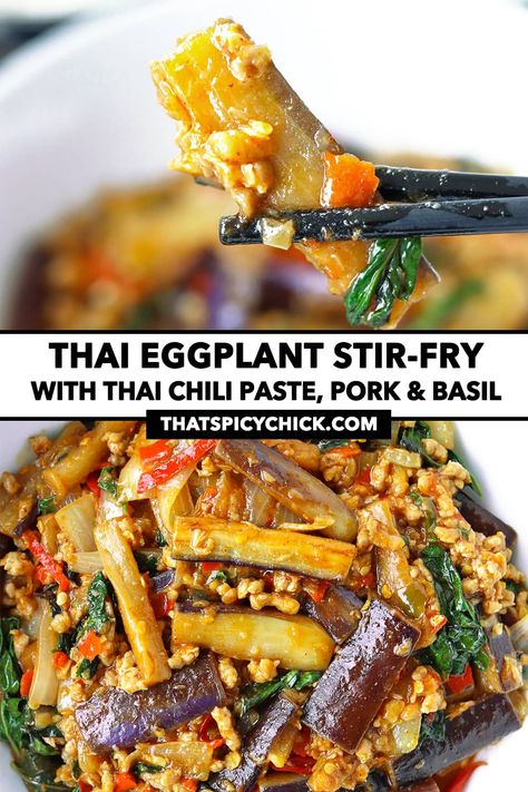 Thai Basil Eggplant Recipe, Nam Prik Pao, Chinese Eggplant Recipes, Thai Chili Paste, Eggplant Stir Fry, Nam Prik, Thai Eggplant, Spicy Eggplant, Thai Chili