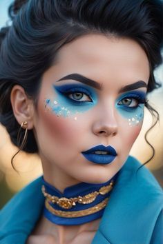 Creative Blue Makeup Looks, Prom Eye Makeup Tutorial, Blue Red Makeup, Eye Makeup Tutorial Hooded Eyes, Dramatic Eye Makeup Tutorial, Eye Makeup Tutorial Eyeliner, Bridal Eye Makeup Tutorial, Blue Lipstick Makeup, Guard Makeup