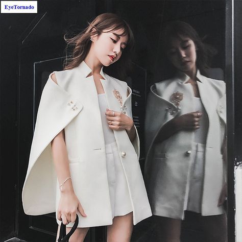 Cheap fashion women coat, Buy Quality women coat directly from China woman coat fashion Suppliers: Women coat summer autumn fashion  beading batwing sleeve short casual work office party cloak poncho cape coat 9998 White Runway Fashion, White Cape Blazer, Trench Cape, Poncho Coat Cape, White Runway, Cape Blazer, Cape Style, Coat Women Fashion, Capes For Women