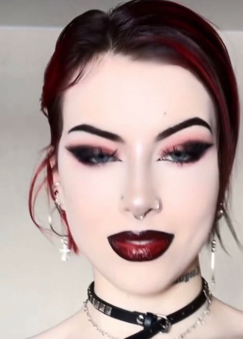 Goth Red Lipstick, Red Alternative Makeup, Vampire Makeup Hooded Eyes, Vampire Glam Makeup, Corp Goth Makeup, Vampy Makeup Looks, Dark Romantic Makeup, Goth Wedding Makeup, Romantic Gothic Makeup