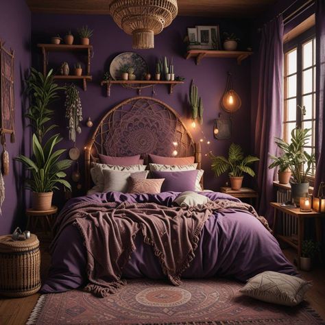 Purple Boho Living Room, Deep Plum Bedroom, Dark Purple Room Decor, Small Bedroom Ideas Purple, Purple Room Makeover, Purple And Green Interior Design, Plum Room Ideas, Purple Cottagecore Bedroom, Dark Purple Bedroom Aesthetic