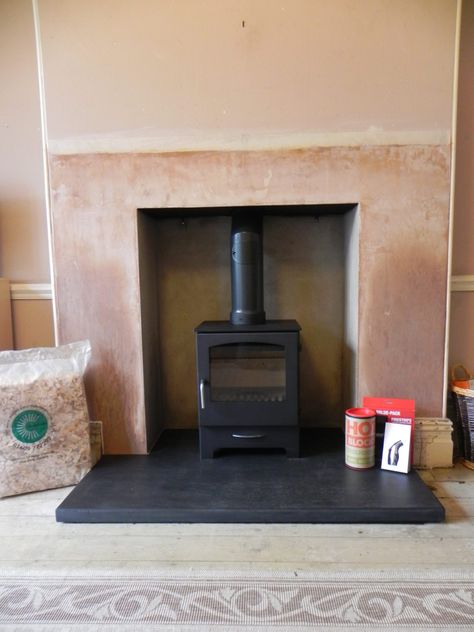 Wood Stove Decorating Ideas, Concrete Lintels, Lounge Decor Ideas, Woodburning Stove Fireplace, Interior Lounge, Cement Render, Stove Installation, Slate Hearth, Chimney Breast