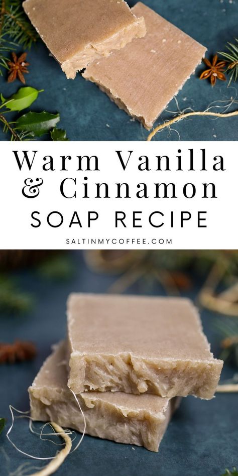 Vanilla Cinnamon Hot Process Soap Recipe (Warm Sugar Cookie scent!) - Salt in my Coffee Best Soap Scents, Chai Soap Recipe, Winter Soap Scents, Homemade Christmas Soap Recipes, Hot Process Tallow Soap Recipes, Hot Press Soap Recipe, Hot Process Soap Recipes Crock Pots, Cold Pressed Soap Recipes, Hot Process Soap Recipes