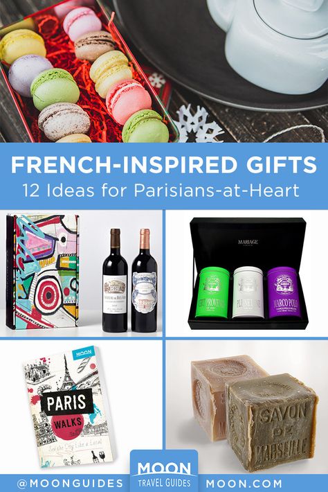 Got a loved one that’s head-over-heels for all things au Paris? Whether you're looking for a stocking stuffer or building a French-themed gift basket, these 12 ideas are sure to inspire you. #francophile #gifts #shopping French Inspired Gift Basket, French Themed Gift Basket, Paris Gift Basket Ideas, French Gifts Ideas, French Gift Basket, Hommade Gifts, Francophile Gifts, Auction Baskets, Best Travel Gifts