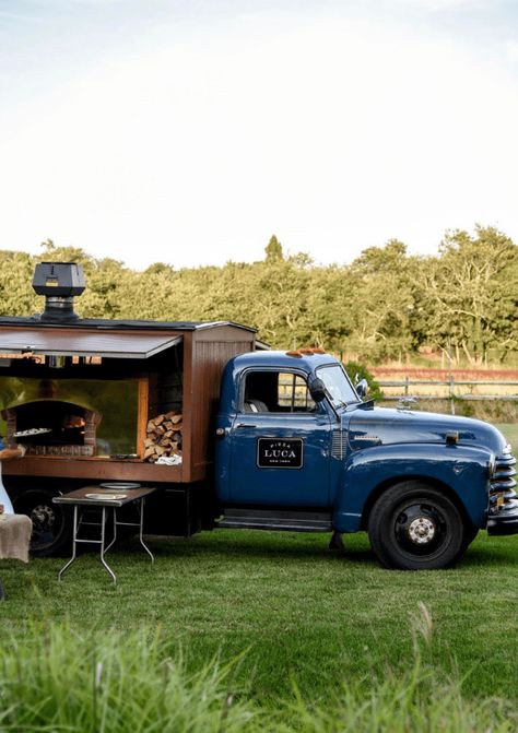 Meet Pizza Luca: a fleet of trucks offering amazingly delicious, wood-oven cooked classics, ranging from authentic Neapolitan pizzas to passed appetizers, inviting platters and food boards!  There is literally a brick oven inside each truck, it is so cool!  With lunch...Read More Pizza Truck Design, Bread Store, Lunch Truck, Rustic Pizza, Passed Appetizers, Pizza Food Truck, Pizza Truck, Mobile Coffee Shop, Brick Oven Pizza