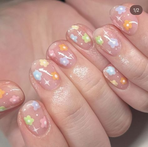 Jelly Nails With Flowers, Korean Flower Nails, Nail Ideas Kawaii, Gelish Nails Designs, Korean Summer Nails, Animal Crossing Nails, Short Flower Nails, 50 Skirt, Hippie Nails