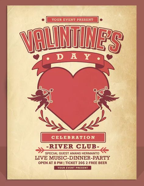 Valentines Day Flyer Template PSD. Download Sv Valentin, Valentines Day Flyer, Valintines Day, Valentine Poster, Valentines Day Poster, Valentine's Party, Free Beer, Design Layouts, Retro Valentines