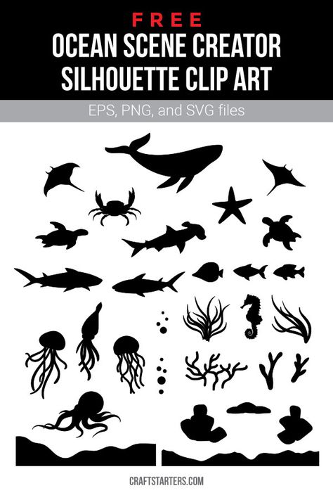 Ocean Silhouette Painting, Under The Sea Silhouette Art, Ocean Animal Silhouette, Sea Creature Silhouettes, Ocean Svg Free, Sea Life Silhouette, Underwater Silhouette, Sea Animal Silhouette, Squid Silhouette