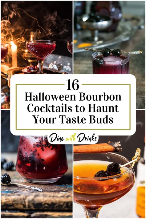 Collage of 4 halloween bourbon cocktails. Grenadine Recipe Cocktails, Halloween Whiskey Drinks, Drinks With Grenadine, Halloween Whiskey, Chambord Cocktails, Grenadine Cocktail, Halloween Alcohol, Halloween Themed Drinks, Halloween Cocktail Party