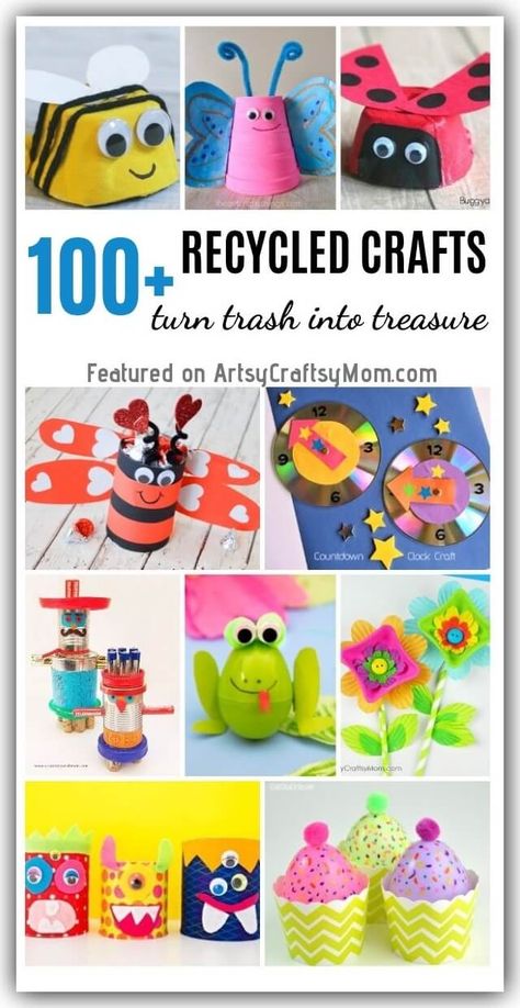 Why add to the landfills when you can turn trash into treasure? Check out our mega list of 100+ recycled crafts for kids to make, play and gift! Trash To Treasure School Project Ideas, Trash To Treasure For Kids, Trash To Treasure Projects For School, Trash Projects, Scrape Art, Recycled Crafts For Kids, Recycling Projects For Kids, Recycled Cd Crafts, Trash To Treasure Ideas