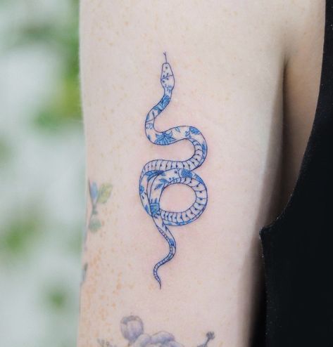 Blue Snake Tattoo, Blue Flower Tattoos, Stained Glass Tattoo, Side Thigh Tattoos, Magic Runes, White Ink Tattoo, Blue Snake, Botanical Collection, Thanks For Coming