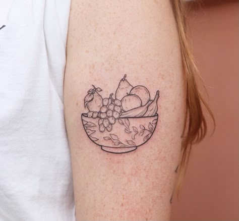 Bowl Of Fruit Tattoo, Fruity Tattoos, Fruit Bowl Tattoo, Fruit Tattoo, London Tattoo, Dainty Tattoos, Mom Tattoos, Life Tattoos, Body Tattoos