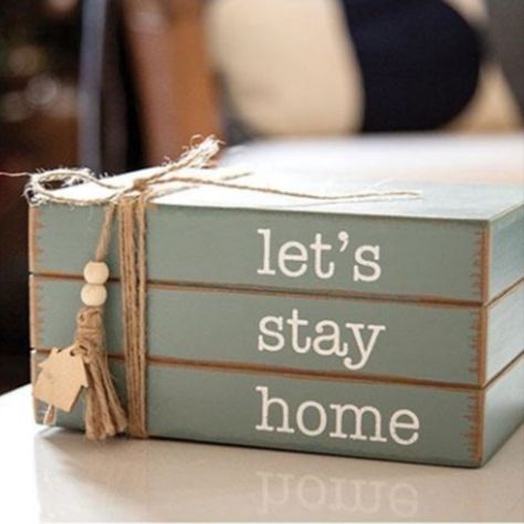 Let's Stay Home Wooden Book Stack Stack Displays, Artsy Projects, Floral Candle Rings, Wreath Stand, Let's Stay Home, Faux Books, Block Painting, Bazaar Ideas, Lets Stay Home