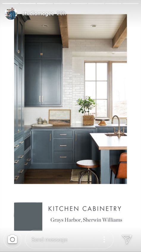 @studiomcgee Grays Harbor, Sherwin Williams Grays Harbor Sherwin Williams, Paint Colors Gray, Grays Harbor, Stainless Steel Kitchen Cabinets, Steel Kitchen Cabinets, Kitchen Chimney, Kitchen Exhaust, Kitchen Cabinet Hardware, Kitchen Cabinet Knobs