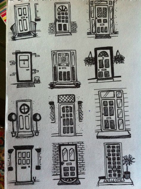 Front door doodles Door Drawing Ideas, Front Door Drawing, Drawing On Doors Ideas, Doodle Buildings, Fun Buildings, Sketching Buildings, Door Drawing, House Drawings, House Doodle