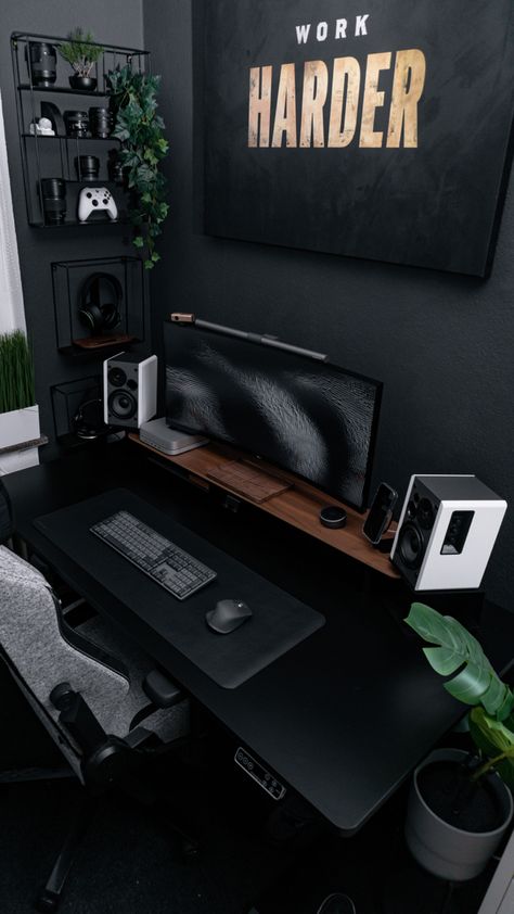 #setup #desk #workspace #wallpaper Matte Black Desk Setup, Gray And White Desk Setup, Desk Setup Men, Black And White Gaming Room, Dark Pc Setup, Desk Ideas Black, Black Desk Ideas, Desk Setup Black, Dark Desk Setup