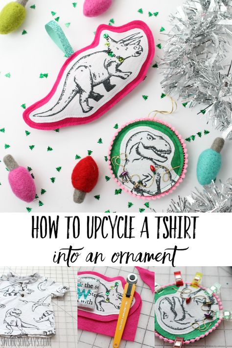 upcycled ornament sewing tutorial Tshirt Ornaments, Old Tshirt Quilt, Old Tshirt Ideas, Diy Funky Decor, Funky Diy, Upcycled Tshirt, Diy Christmas Gifts For Kids, Canvas Ornaments, Dinosaur Ornament