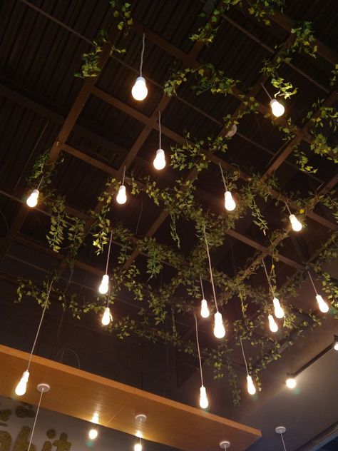 Cafe Ceiling Ideas, Restaurant Door Design, Cafe Lighting Ideas, Plant Ceiling Decor, Lights For Cafe, Plants Ceiling, Restaurant Design Rustic, Restaurant Door, Simple Cafe