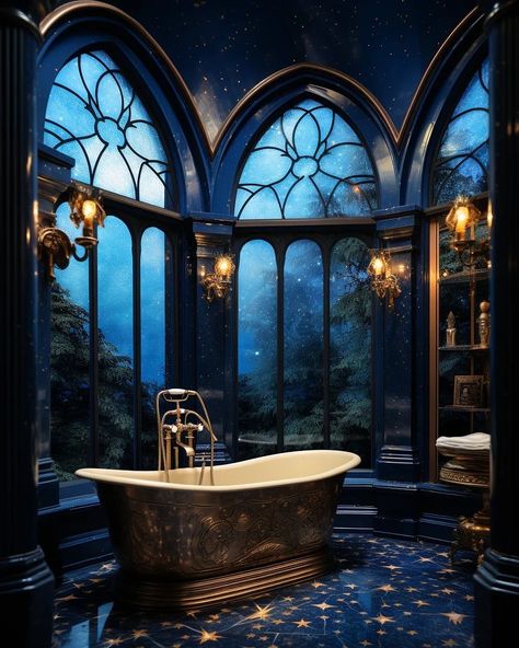 A tour through a Ravenclaw Inspired Mansion 🛋🐦‍⬛🔵🏔✨️ Hogwarts Dorm Room, Hogwarts Bathroom, Hogwarts Dorm, Ravenclaw Room, Castle Dark, Gothic Bathroom, Dark Luxury, Ravenclaw Aesthetic, Ravenclaw House