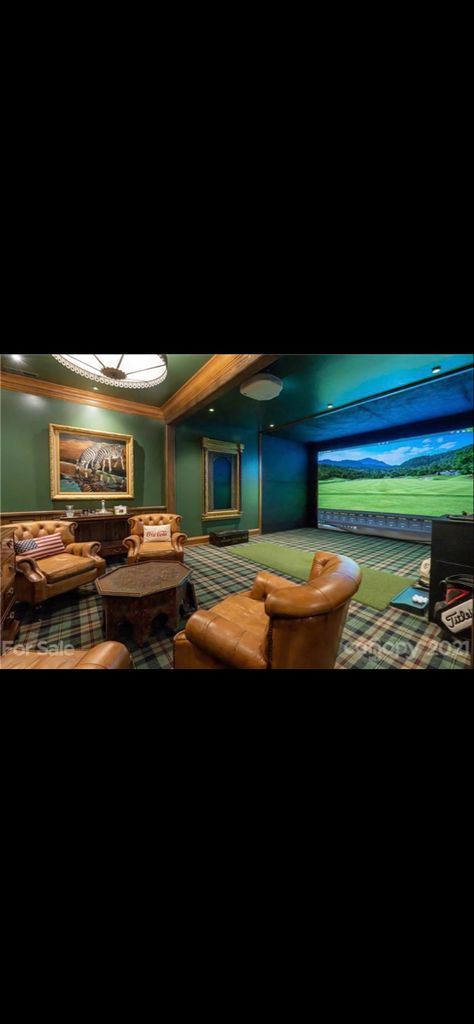 Golf Den Ideas, Golf Mancave, Golf Simulator Man Cave, Golf Decorating Ideas Man Caves, Golf Room Man Cave, Home Golf Simulator Room, Man Cave With Golf Simulator, Golf Simulator Room Man Caves, Golf Simulator