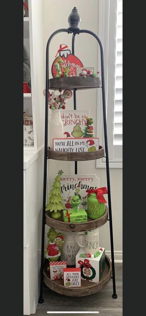 Grinch Tray Decor, Grinch Shelf Decor, Grinch Tiered Tray Decor, Grinch Tiered Tray Ideas, Grinch Tiered Tray, Hobby Lobby Shelf, Corner Shelf Ideas, 3 Tier Stand, 4 Tier Shelf