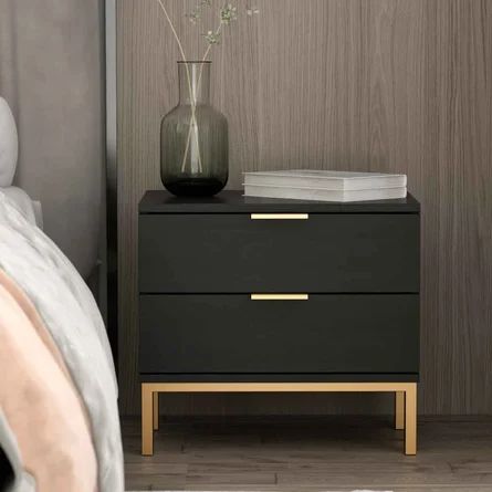 Everly Quinn Kavalli 2 - Drawer Steel Nightstand in Black | Wayfair Bedside Dresser Modern, Sleek Modern Nightstand, Nightstand Modern Design, Mid Century Modern Bedroom Nightstands, Black And Brass Bedroom, Black And Gold Bedside Table, Black Night Table, Guest Room Inspiration Modern, Bedside Table Ideas Black