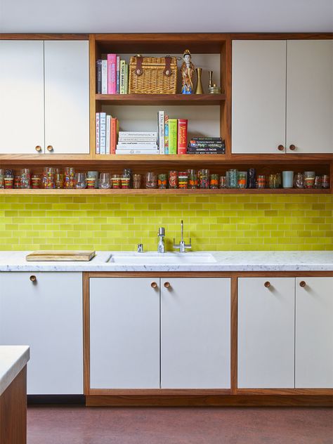 neon yellow backsplash with white and wood cabinets Kitchen Cabinets Knobs And Pulls, Used Kitchen Cabinets, Upper Kitchen Cabinets, Casa Exterior, Kitchen Cabinet Knobs, Upper Cabinets, Kitchen Tiles Backsplash, White Kitchen Cabinets, Decor Minimalist