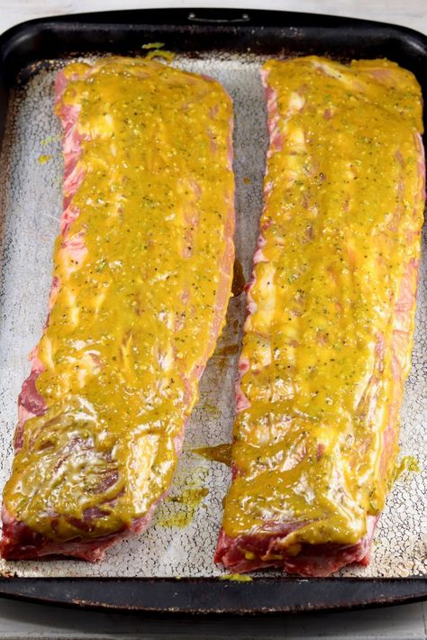 Ribs with mustard bbq sauce ready for the grill Pork Rib Marinade, Oven Pork Ribs, Grilled Baby Back Ribs, Barbecue Ribs Recipe, Baked Bbq Ribs, Ribs Seasoning, Pork Ribs Grilled, Pork Back Ribs, Beef Back Ribs