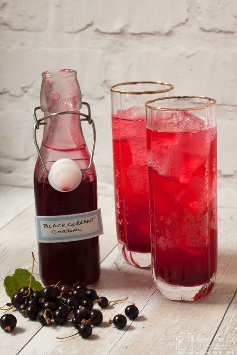 Bottle of homemade blackcurrant cordial by recipes made easy with two glasses of cordial to the side. Black Currant Recipes, Squash Drink, Currant Recipes, Cordial Recipe, Cherry Cordial, Produce Recipes, Foraging Recipes, Foraged Food, Refreshing Summer Drinks