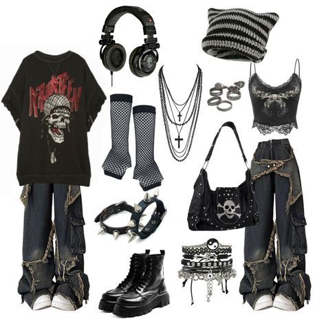 Edgethoth Outfit, Nirvana Concert Outfit, Grunge Outfits With Pants, Grunge Outfit Inspo Winter, Emo Outfit Board, Grunge Outfits For Winter, Alt Outfits Ideas, Metal Core Outfit, Metal Style Outfits