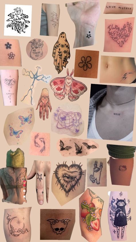 I want tattoos so bad lol #fyp #tattoos #tattooinspo #foryoupage #wishlist #cutesy #mindful #demure Wlw Tattoos, Tattoo Collage, Tattoos And Piercings, Tatting, Piercings, Tattoo Ideas, I Want, Collage, Tattoos