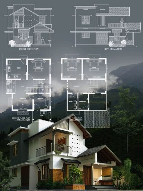 Architectural Floor Plan Presentation, Village Plan Architecture, 800sqft House Plans, Plan Design Architecture, Poster Arsitektur, Floor Plan With Elevation, 3bhk Villa, Village Plan, House Projects Architecture