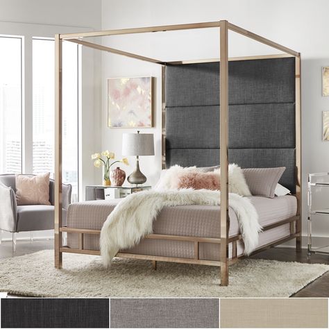 Evie Champagne Gold Metal Canopy Bed with Linen Panel Headboard by iNSPIRE Q Bold (King Size - Grey Linen) Low Profile Canopy Bed, Greece Flowers, Queen Size Canopy Bed, King Size Canopy Bed, Canopy Bedroom Sets, Iron Canopy Bed, Beautiful Bed Designs, Wood Canopy Bed, Queen Canopy Bed