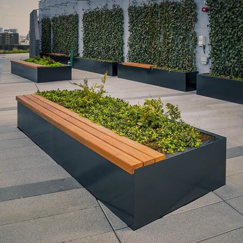 Community Seating, Bench Planter, Floating Bench, Outside Benches, Garden Seating Area, Planter Bench, Outdoor Restaurant Design, Outdoor Garden Bench, Balcony Railing Design