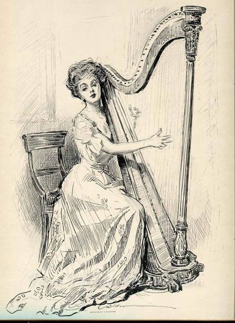 Music Drawing Ideas, Bass Violin, Music Drawing, Charles Dana Gibson, Violin Cello, Dana Gibson, Portfolio Art, Arte Grunge, The Harp