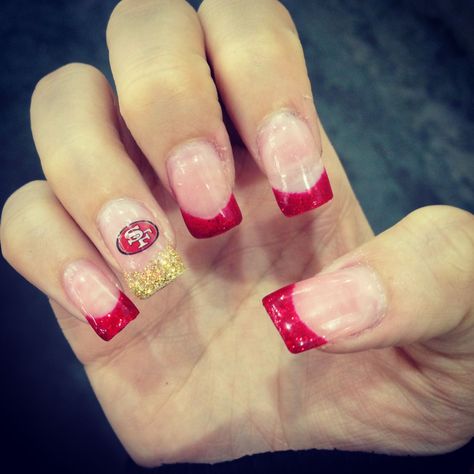 Sf Niners Nails, Sf 49ers Nails, 49er Nails Designs, Niner Nails, 49er Nails, 49ers Nails, Football Nail Designs, Designed Nails, Football Nails