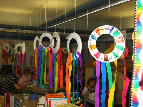 Rainbow windsock Wind Craft, Rainbow Windsock, Baby Toys Handmade, Rainbow Kindergarten, Rainbow Toys, Styrofoam Plates, Preschool Weather, About Rainbow, Weather Theme