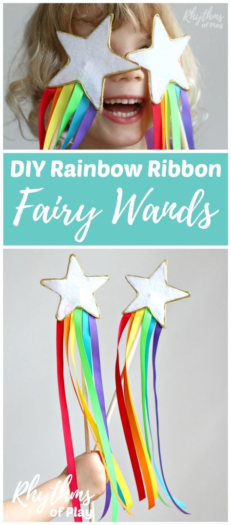 DIY Rainbow Ribbon Fairy Wands for Kids! Learn how to make this no-sew felt craft idea with rainbow streamers perfect for children of all ages. Use them as a dress up prop for pretend or imaginative play. Magic star fairy princess wands are a perfect birthday party favor. Click through for the easy to follow tutorial. Rainbow Streamers, 4de Verjaardag, Star Fairy, Princess Wands, Diy Wand, Rainbow Ribbon, Perfect Birthday Party, Diy Rainbow, Rainbow Birthday Party