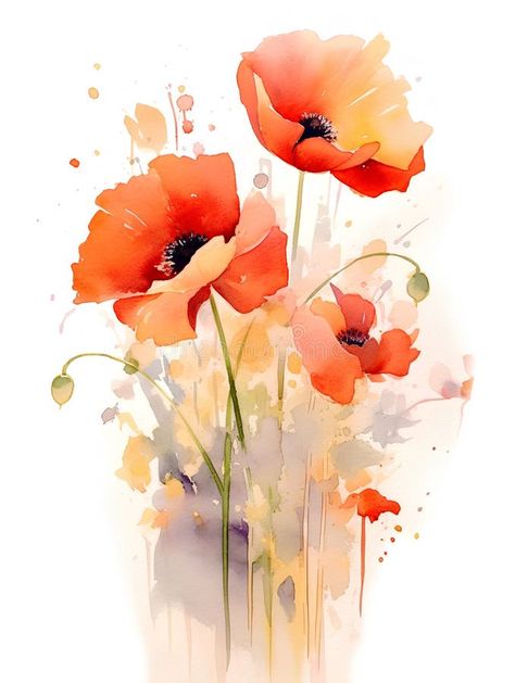 Watercolor painting with some red poppy flowers - generative AI stock photography Watercolour Poppies, Poppy Watercolor Painting, Abstract Poppy Painting, Poppy Watercolor, Icelandic Poppies, Abstract Poppies, Watercolour Ideas, Watercolor Poppies, White Poppy